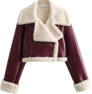Faux Leather Jacket for Women Cropped Sherpa Lined Jacket Coat Faux Shearing Fur Warm Coat Thicken Fleece Lined Parka