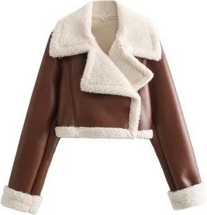Faux Leather Jacket for Women Cropped Sherpa Lined Jacket Coat Faux Shearing Fur Warm Coat Thicken Fleece Lined Parka