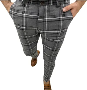 Finelylove Mens Plaid Pants Fashion Stretch Skinny Dress Pants Slim Fit Flat Front Chino Pants Casual Golf Slacks