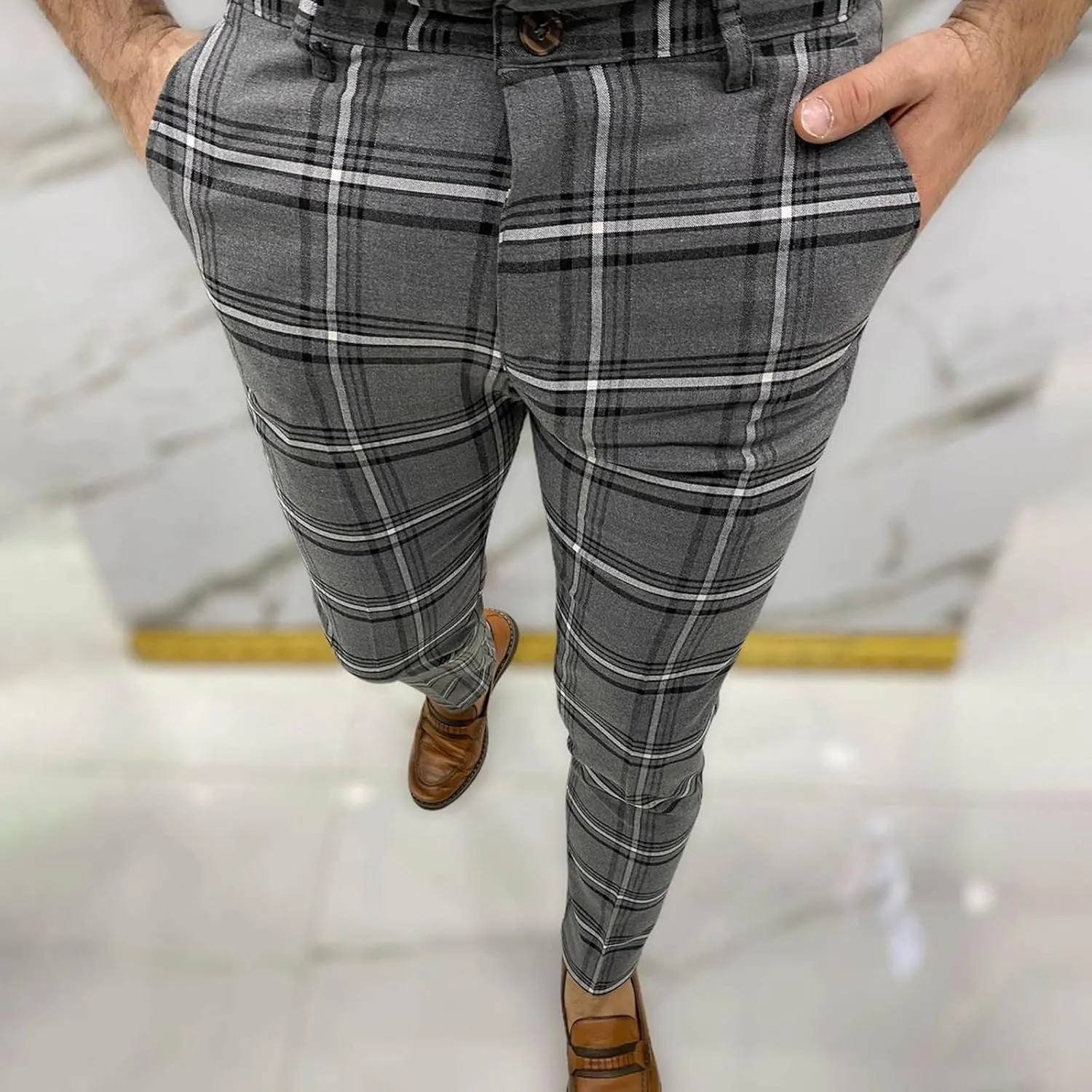 Finelylove Mens Plaid Pants Fashion Stretch Skinny Dress Pants Slim Fit Flat Front Chino Pants Casual Golf Slacks