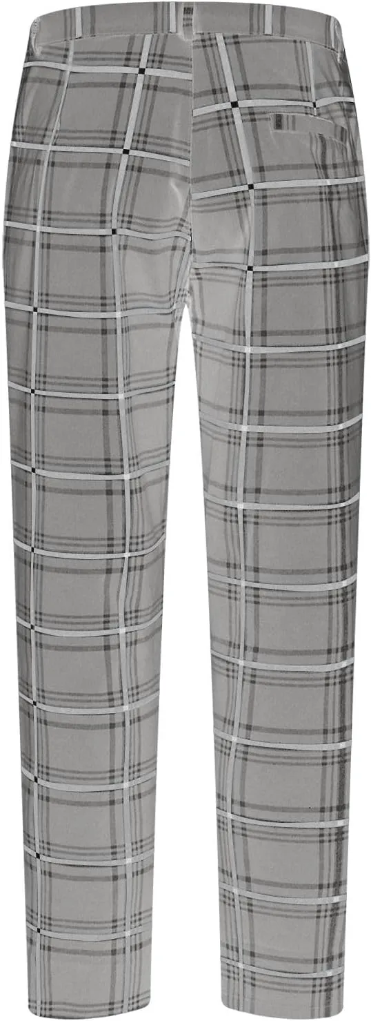 Finelylove Mens Plaid Pants Fashion Stretch Skinny Dress Pants Slim Fit Flat Front Chino Pants Casual Golf Slacks