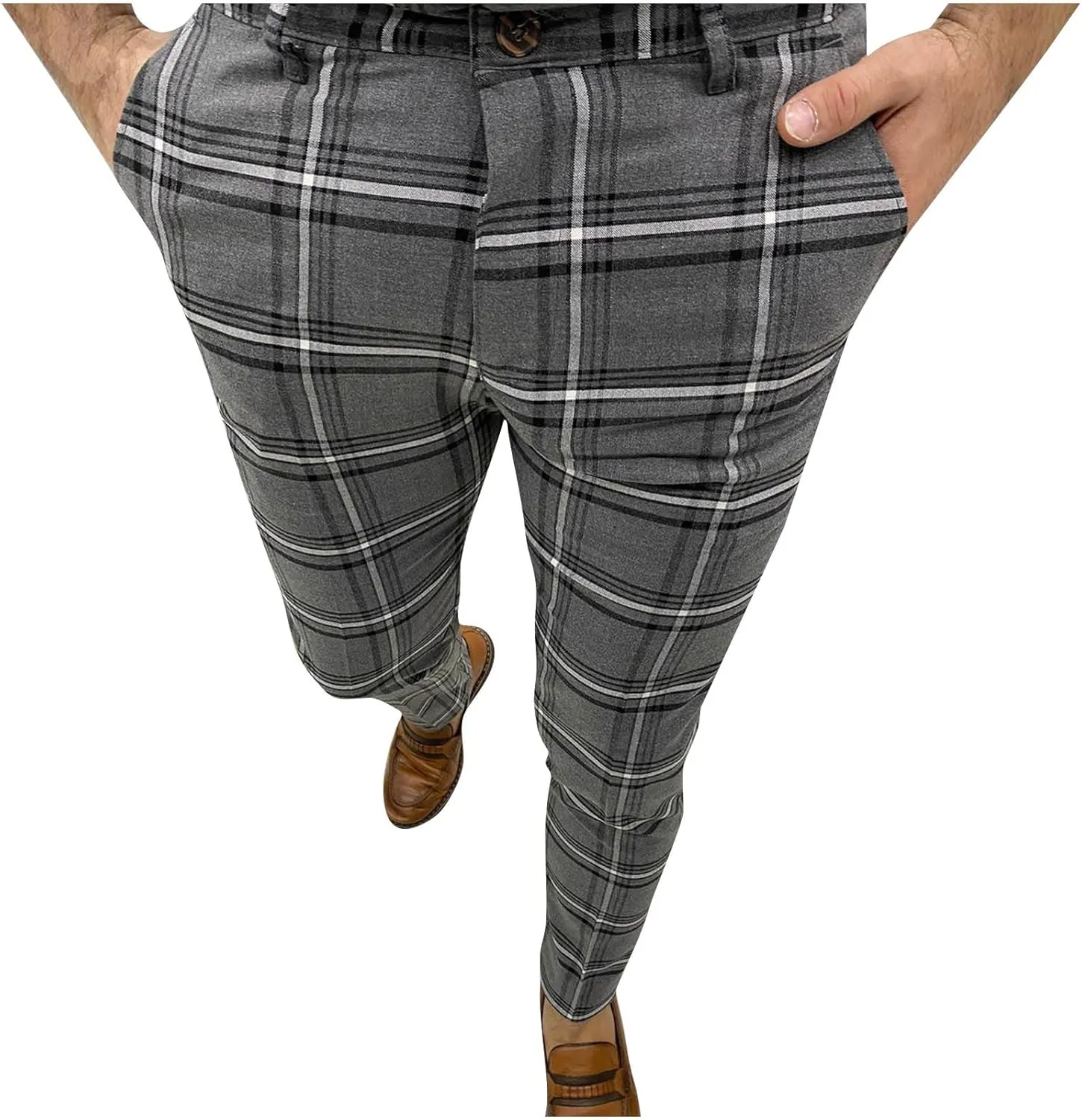 Finelylove Mens Plaid Pants Fashion Stretch Skinny Dress Pants Slim Fit Flat Front Chino Pants Casual Golf Slacks