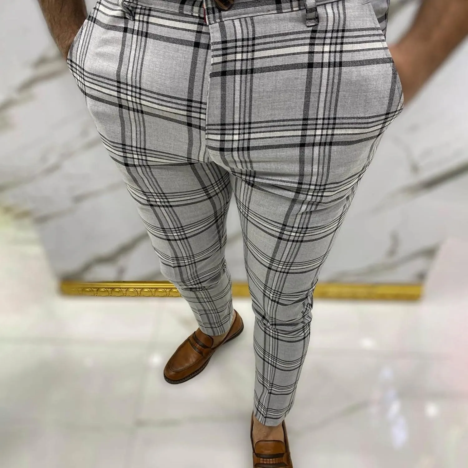 Finelylove Mens Plaid Pants Fashion Stretch Skinny Dress Pants Slim Fit Flat Front Chino Pants Casual Golf Slacks