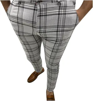 Finelylove Mens Plaid Pants Fashion Stretch Skinny Dress Pants Slim Fit Flat Front Chino Pants Casual Golf Slacks