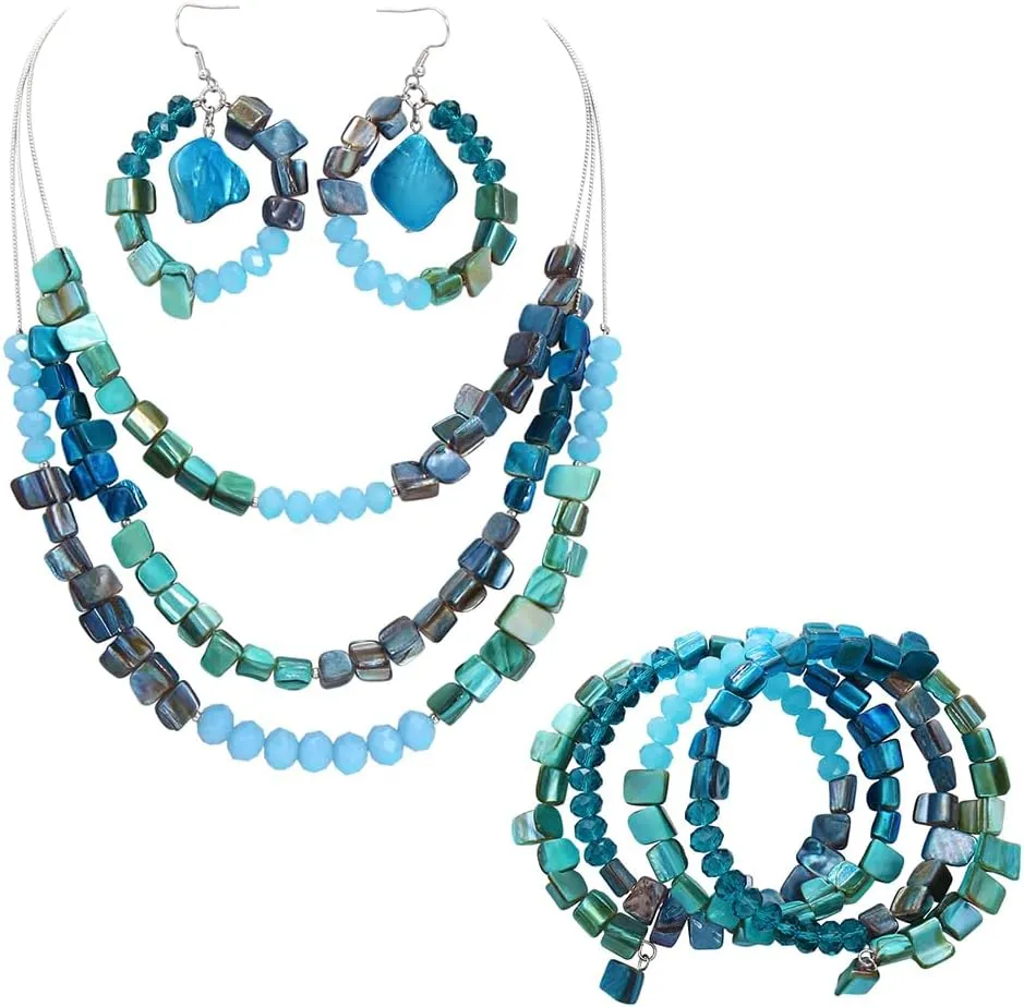 Firstmeet Multi-layer Shell Necklace with Pendant Earrings Multicolor Wood Glass Alloy Seed Beads Handmade Boho Necklace for Women