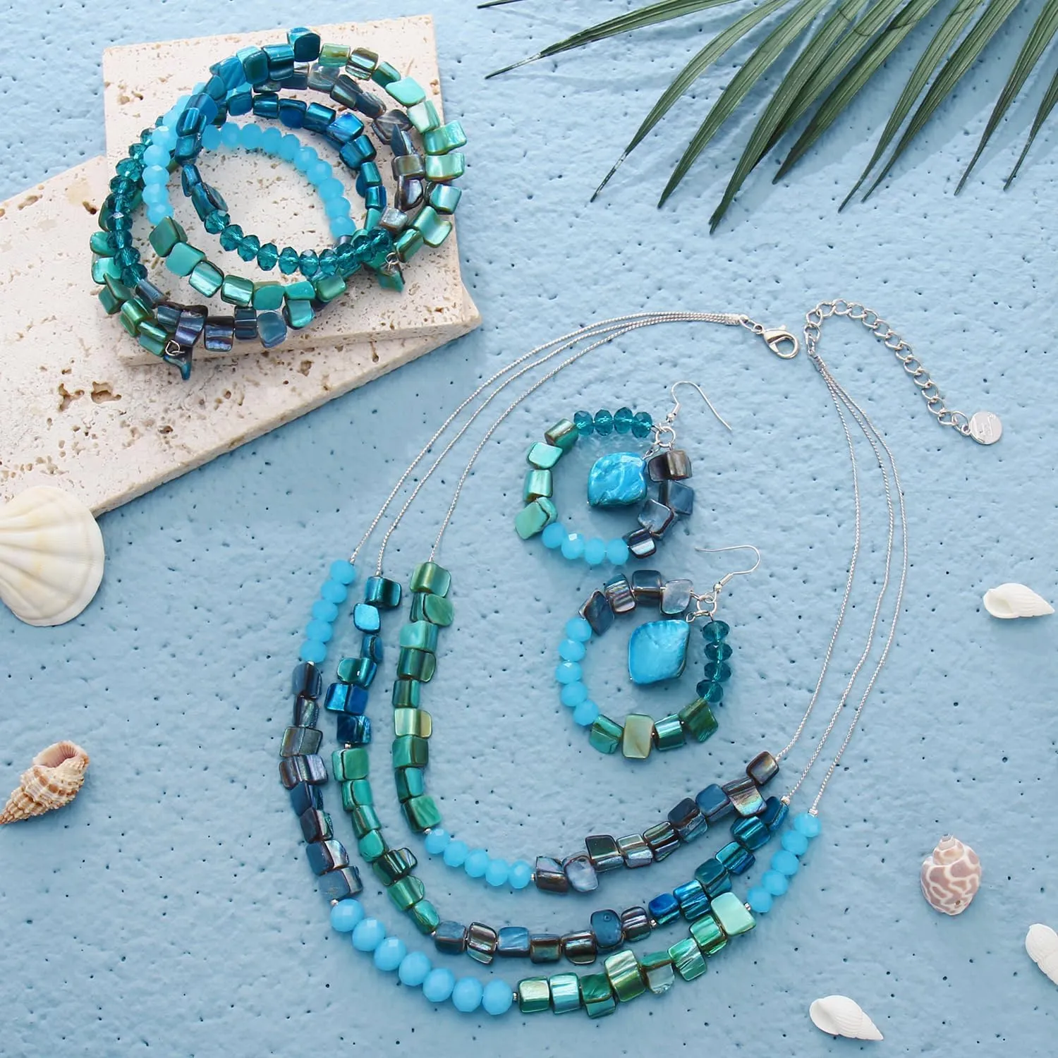 Firstmeet Multi-layer Shell Necklace with Pendant Earrings Multicolor Wood Glass Alloy Seed Beads Handmade Boho Necklace for Women