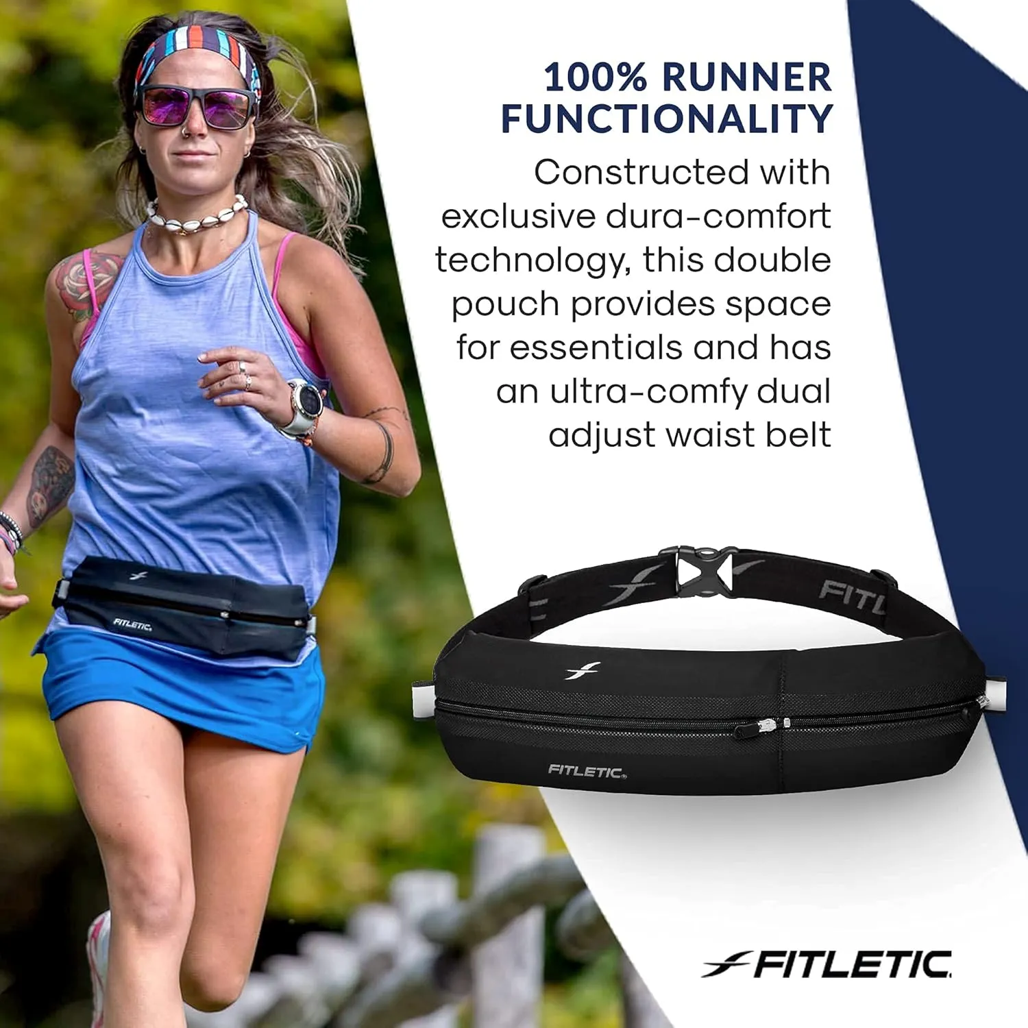 Fitletic Bolt Double Pocket Running Belt & Active Fanny Pack For Men & Women  Water Resistant, Lightweight Sleek Design  Patented No Bounce Hip Hugging Fit  Holds Any Phone