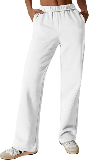 Fleece Straight Leg Sweatpants for Women Elastic High Waisted Joggers Athletic Sweat Pants Lounge Pants with Pockets