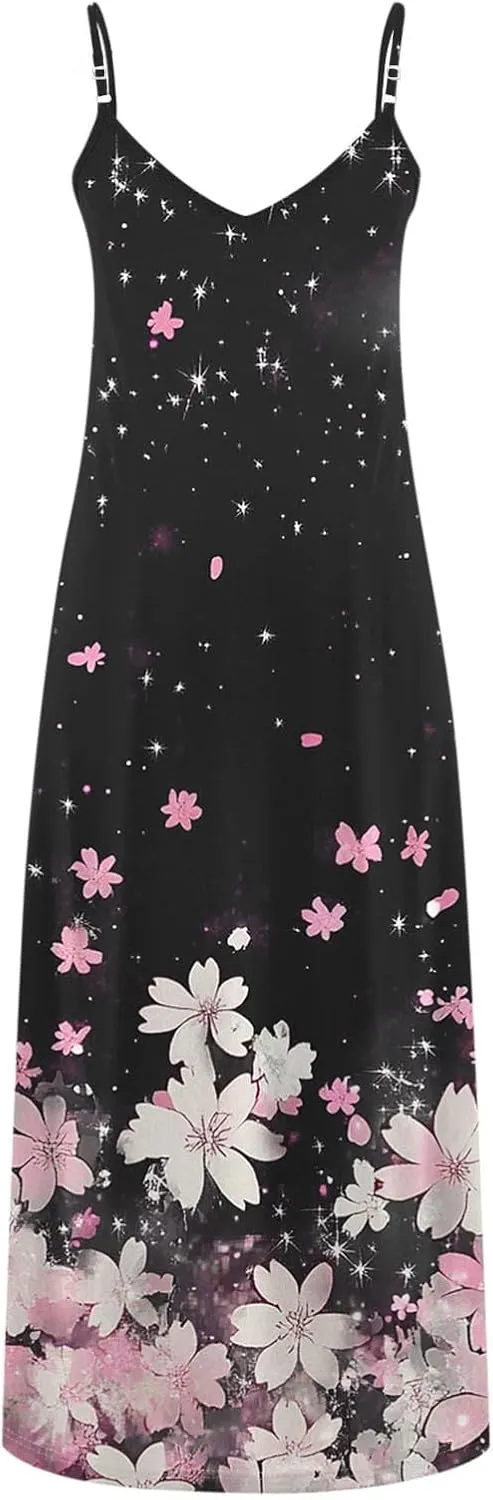 Floral Dress Beach Dress Boho Spaghetti Strap V Neck Flowy Maxi Long Sundress Summer Dresses for Women 2025 Sleeveless