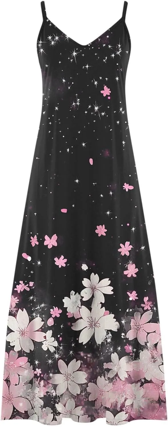Floral Dress Beach Dress Boho Spaghetti Strap V Neck Flowy Maxi Long Sundress Summer Dresses for Women 2025 Sleeveless