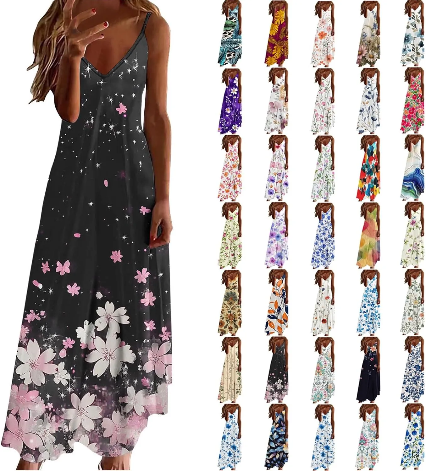 Floral Dress Beach Dress Boho Spaghetti Strap V Neck Flowy Maxi Long Sundress Summer Dresses for Women 2025 Sleeveless