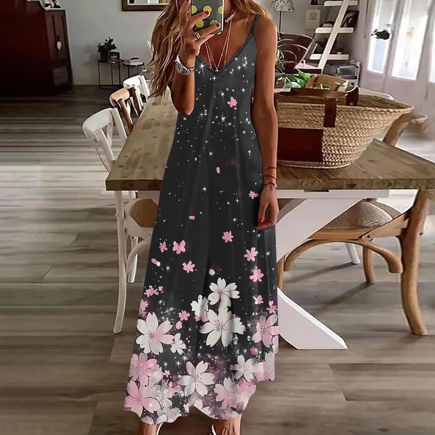 Floral Dress Beach Dress Boho Spaghetti Strap V Neck Flowy Maxi Long Sundress Summer Dresses for Women 2025 Sleeveless