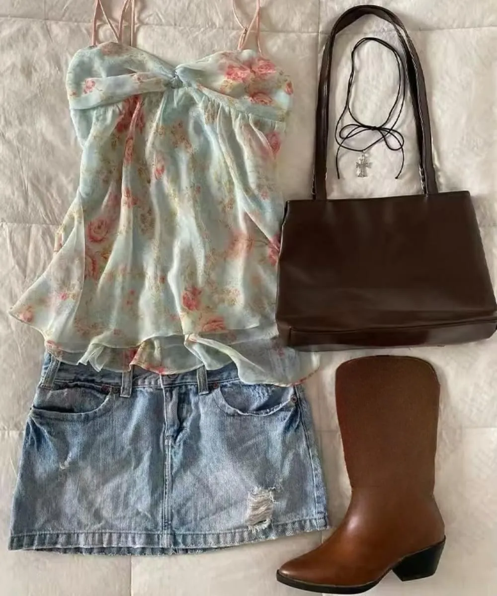 Floral Graphic Crop Tops Women Spaghetti Strap Tank Top Y2k Coquette Bow Tie Camisole Vintage Grunge Streetwear