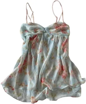 Floral Graphic Crop Tops Women Spaghetti Strap Tank Top Y2k Coquette Bow Tie Camisole Vintage Grunge Streetwear