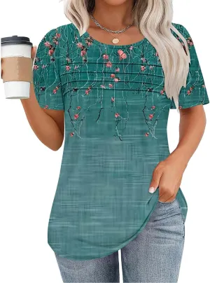 Floral Tops for Women Short Sleeve Crew Neck Casual Tops Trendy Boho Blouses Tshirt Loose Fit Tunic Hawaiian Shirts