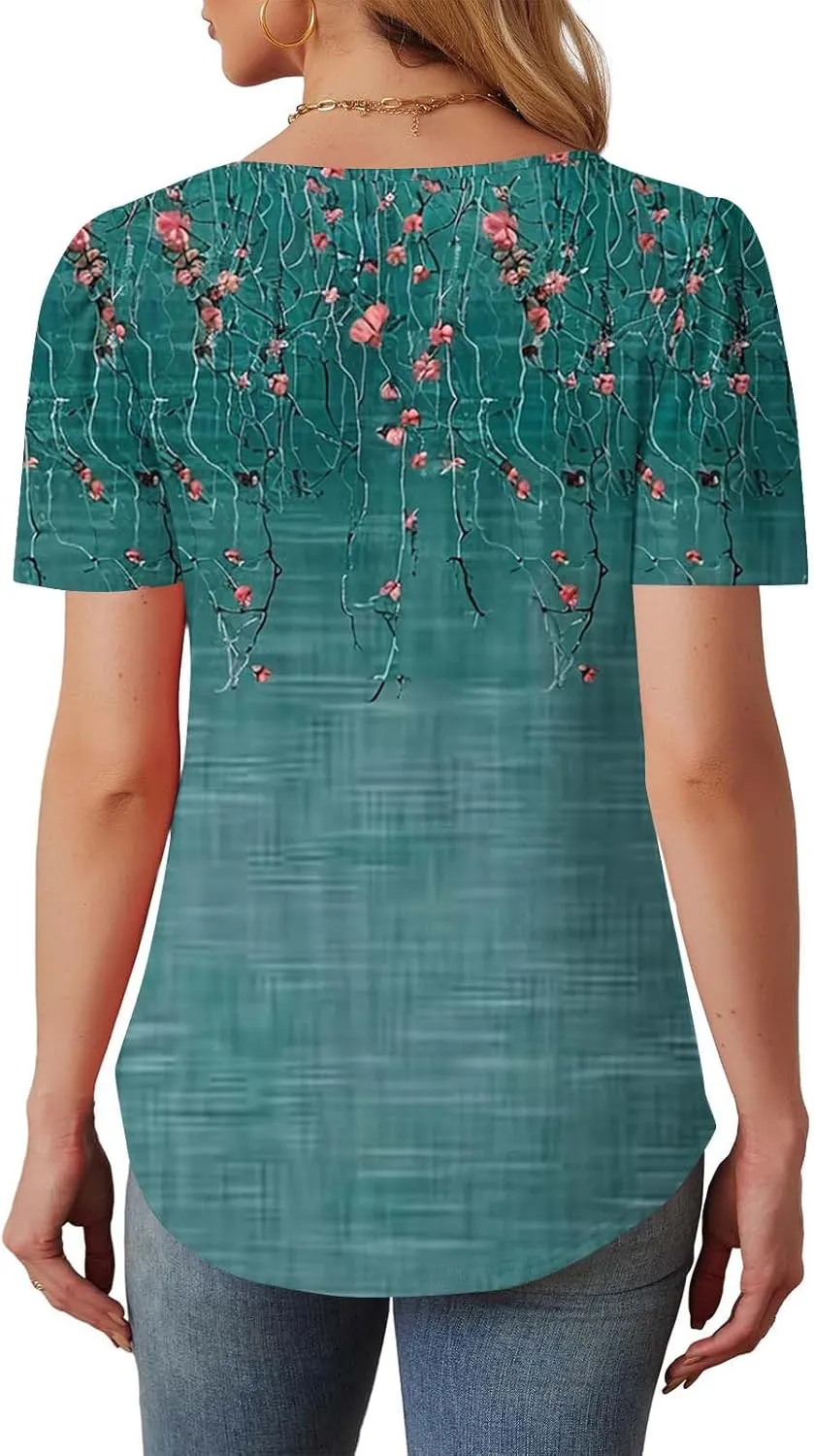 Floral Tops for Women Short Sleeve Crew Neck Casual Tops Trendy Boho Blouses Tshirt Loose Fit Tunic Hawaiian Shirts