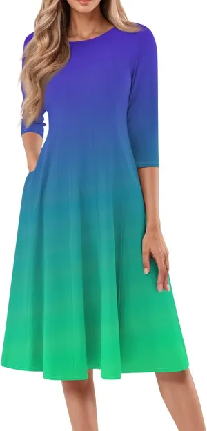 FQZWONG Spring Dresses for Women 2025 3/4 Sleeve Summer Sundresses Trendy Crew Neck Vacation Beach Midi Dress with Pockets