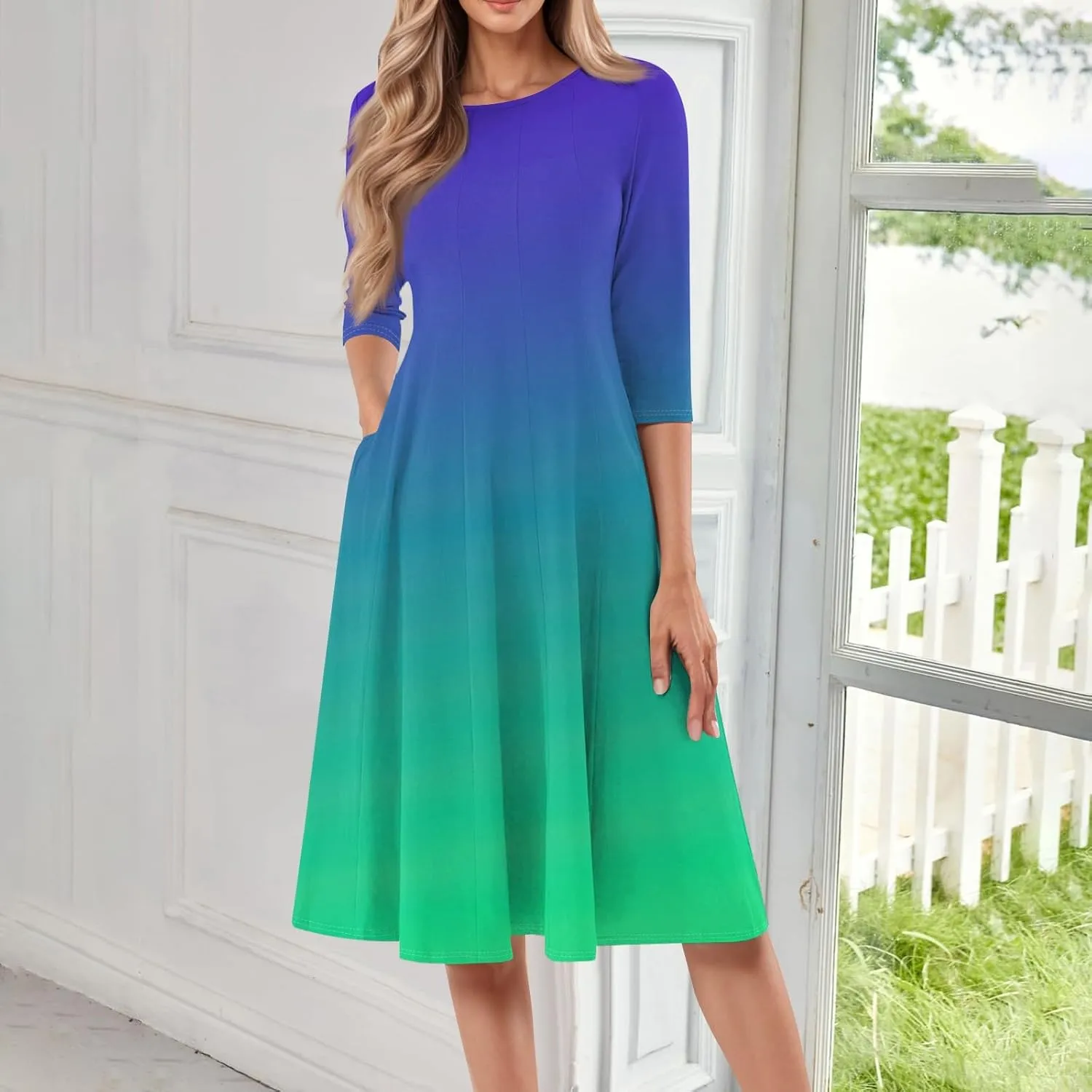 FQZWONG Spring Dresses for Women 2025 3/4 Sleeve Summer Sundresses Trendy Crew Neck Vacation Beach Midi Dress with Pockets