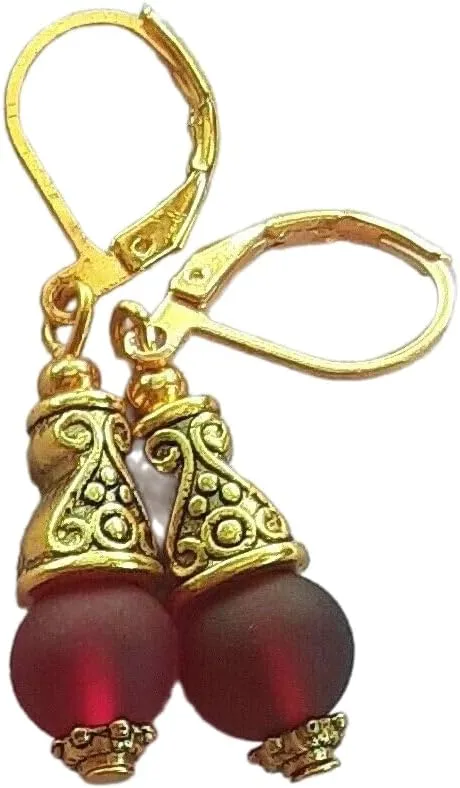 Frosted Glass Bali Style Drops Hand Gold Plated Berry Red Artisan Earrings Jewelry Handmade Dangle Leverback Vintage Crafted For Women