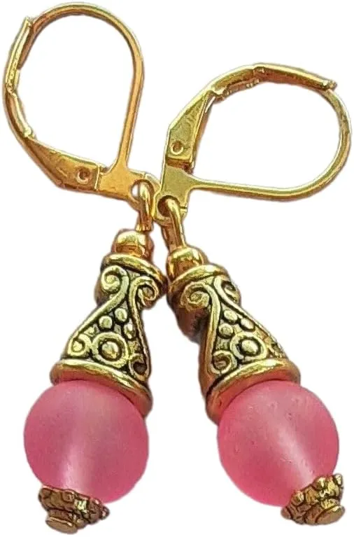 Frosted Glass Bali Style Drops Hand Gold Plated Pink Artisan Earrings Jewelry Handmade Dangle Leverback Vintage Crafted For Women