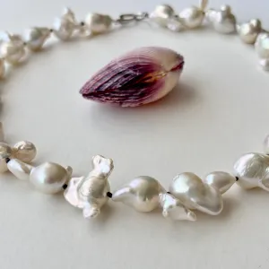 funky white freshwater pearls on dark grey knots