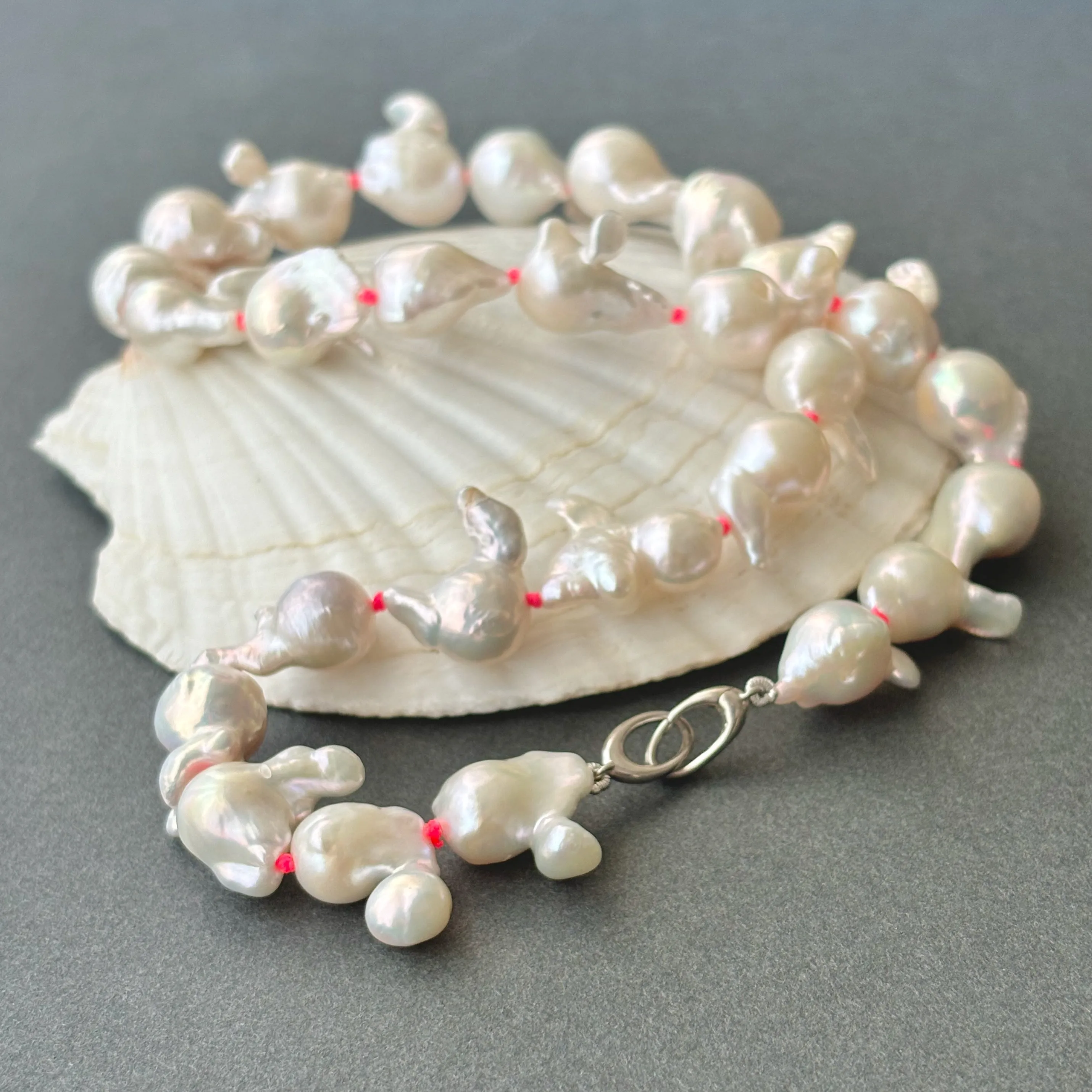 funky white freshwater pearls on neon pink knots
