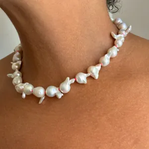 funky white freshwater pearls on neon pink knots