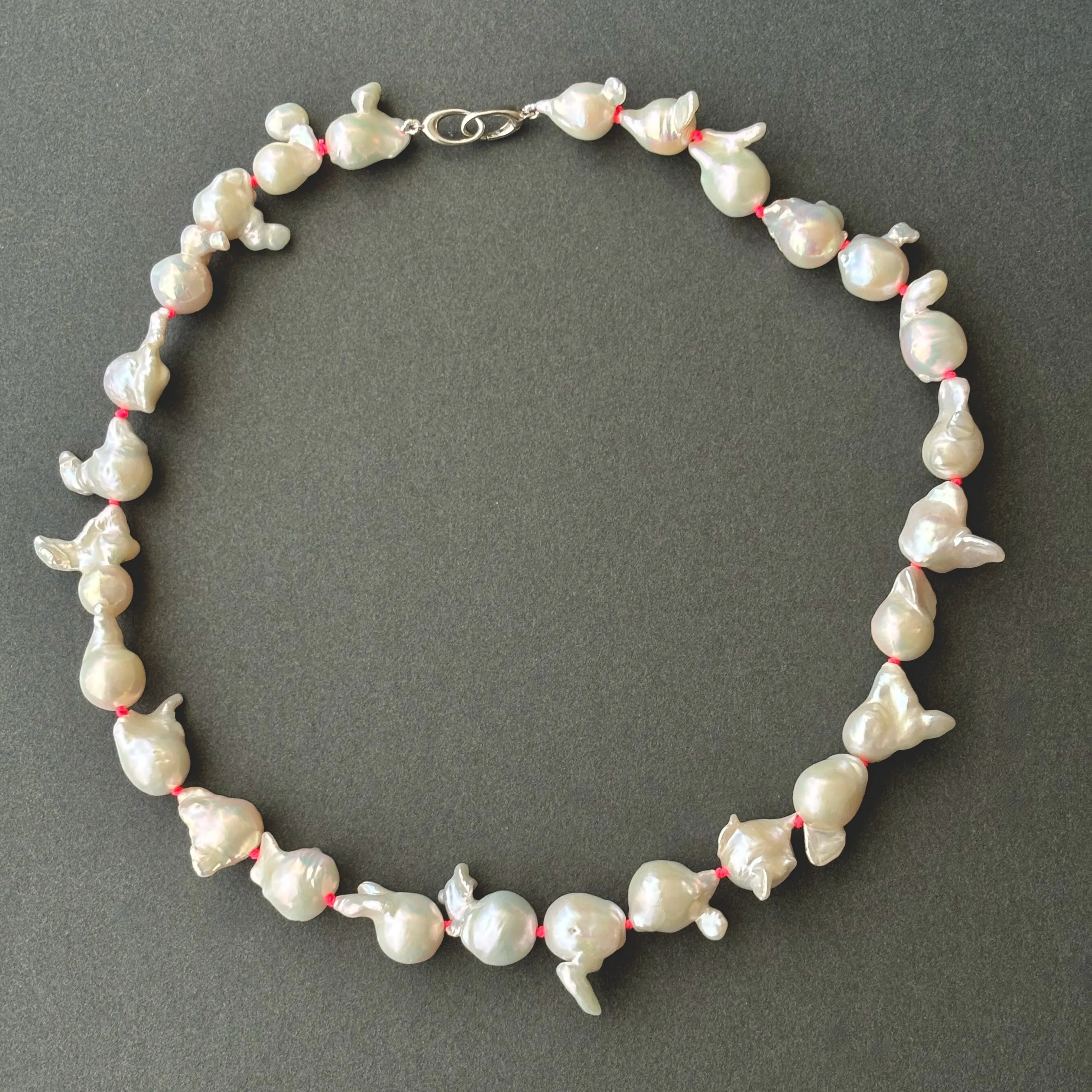 funky white freshwater pearls on neon pink knots
