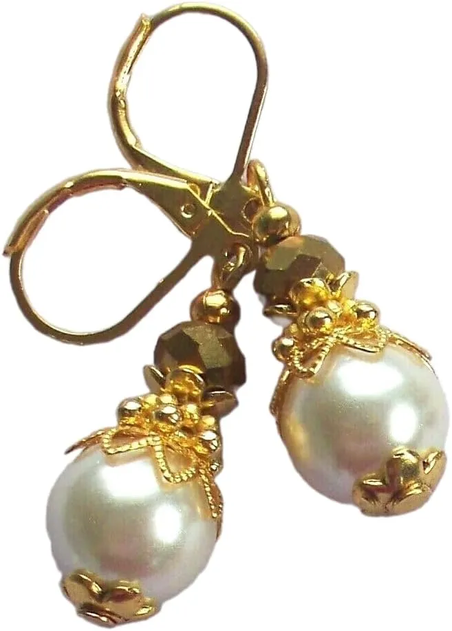 Glass Pearl Drops Antique White Hand White Gold Crystal Gold Plated Artisan Earrings Jewelry Handmade Dangle Leverback Vintage Crafted For Women