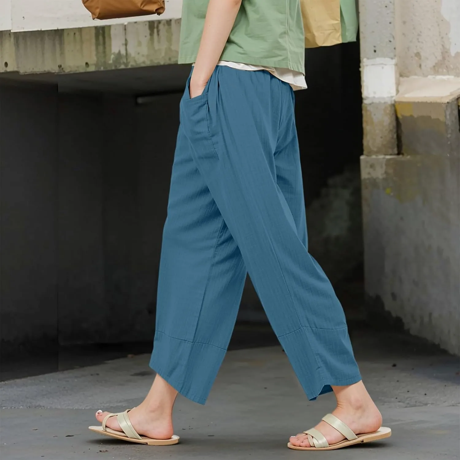 GOFULY Lounge Pants Women Casual Elastic Waist Sumemr Pants Straight Wide Leg High Waisted with Pockets 2025 Slacks Clothes