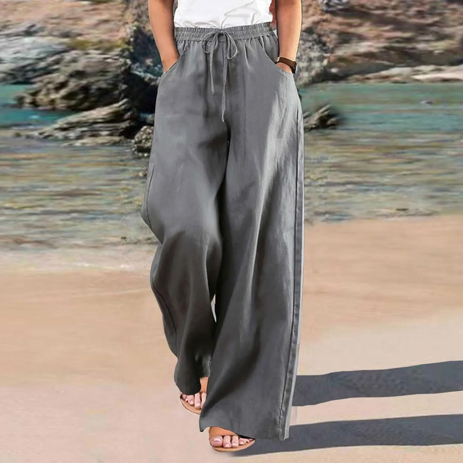 GOFULY Pants for Women Straight Wide Leg High Waisted Sumemr Pants Elastic Waist Drawstring Loose Fit Trousers with Pockets