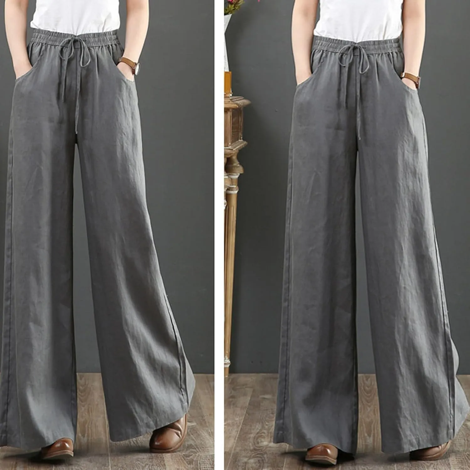 GOFULY Pants for Women Straight Wide Leg High Waisted Sumemr Pants Elastic Waist Drawstring Loose Fit Trousers with Pockets