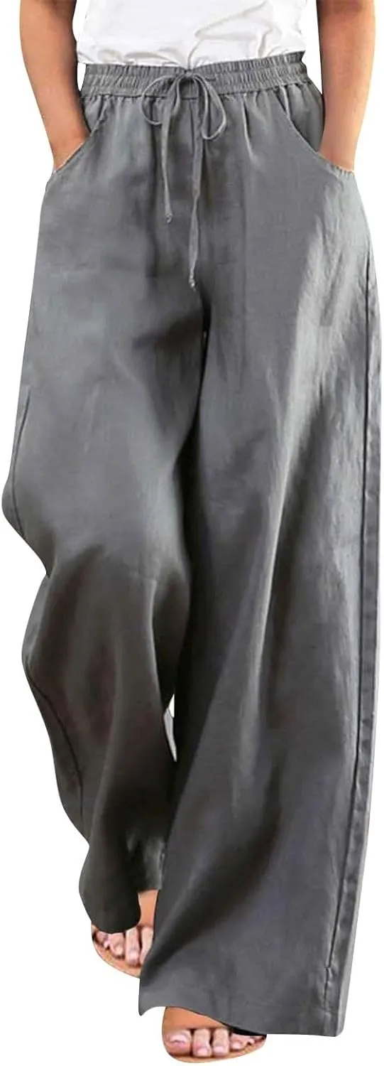 GOFULY Pants for Women Straight Wide Leg High Waisted Sumemr Pants Elastic Waist Drawstring Loose Fit Trousers with Pockets