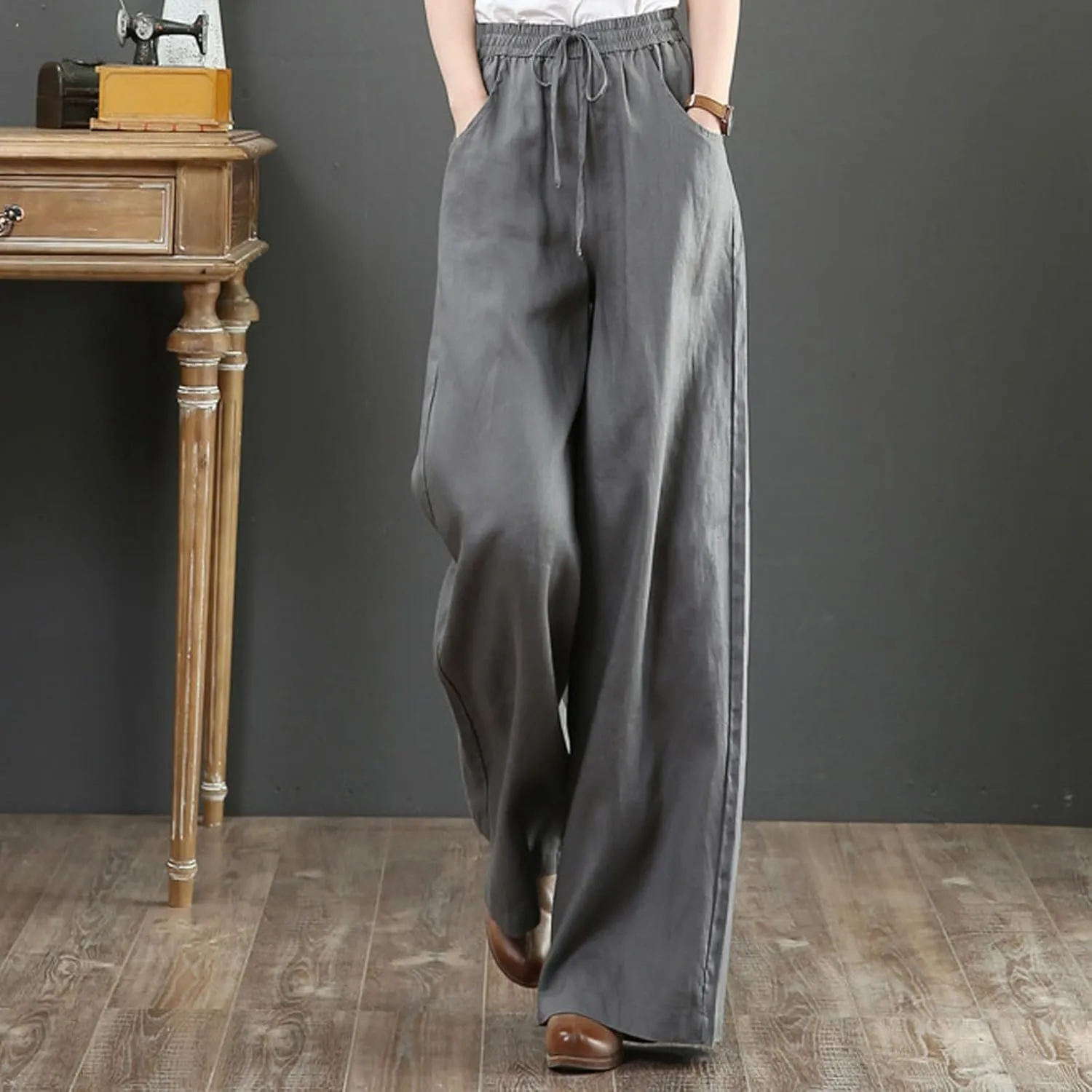 GOFULY Pants for Women Straight Wide Leg High Waisted Sumemr Pants Elastic Waist Drawstring Loose Fit Trousers with Pockets