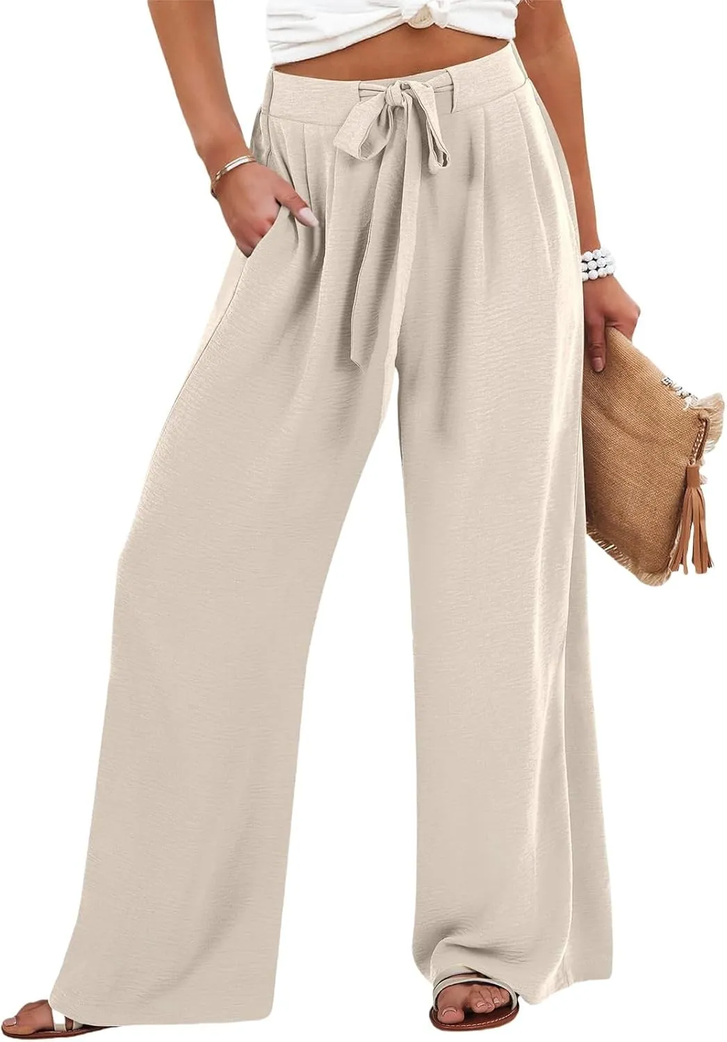 GOFULY Pants for Women Trendy Elastic Waist Drawstring Sumemr Pants Straight Wide Leg High Waisted with Pockets Work Trousers