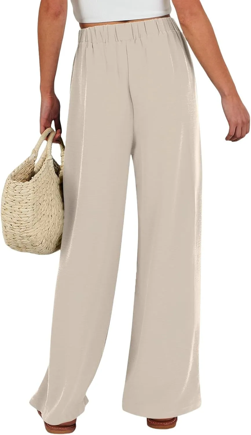 GOFULY Pants for Women Trendy Elastic Waist Drawstring Sumemr Pants Straight Wide Leg High Waisted with Pockets Work Trousers
