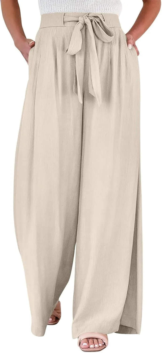 GOFULY Pants for Women Trendy Elastic Waist Drawstring Sumemr Pants Straight Wide Leg High Waisted with Pockets Work Trousers