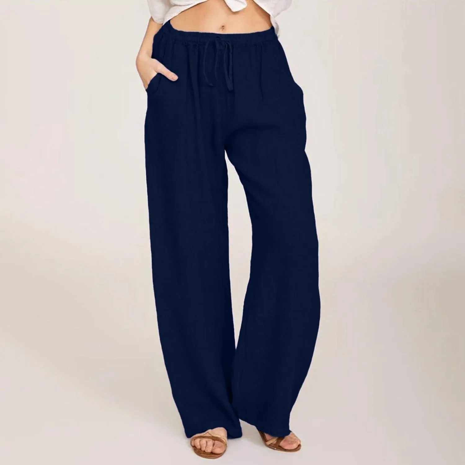 GOFULY Pants for Women Trendy Straight Wide Leg High Waisted Pants Elastic Waist Drawstring Sumemr Soft Trousers with Pockets
