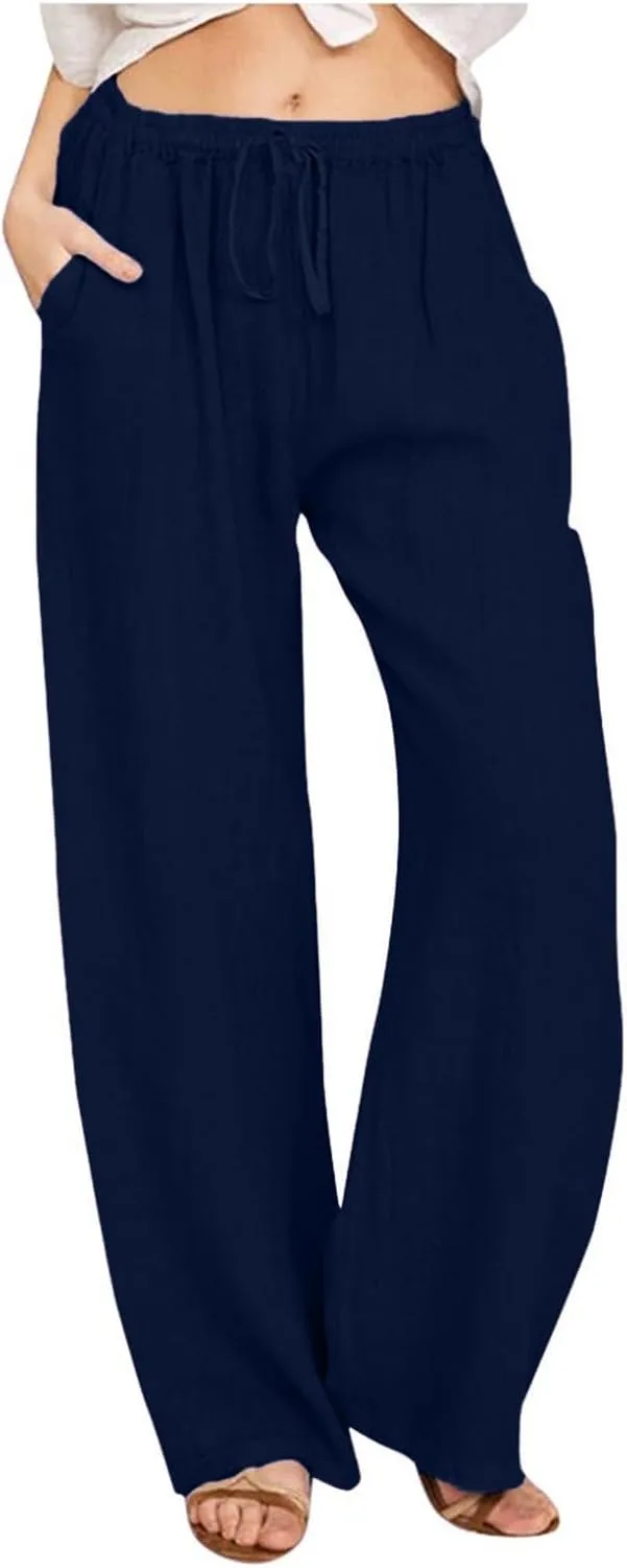 GOFULY Pants for Women Trendy Straight Wide Leg High Waisted Pants Elastic Waist Drawstring Sumemr Soft Trousers with Pockets