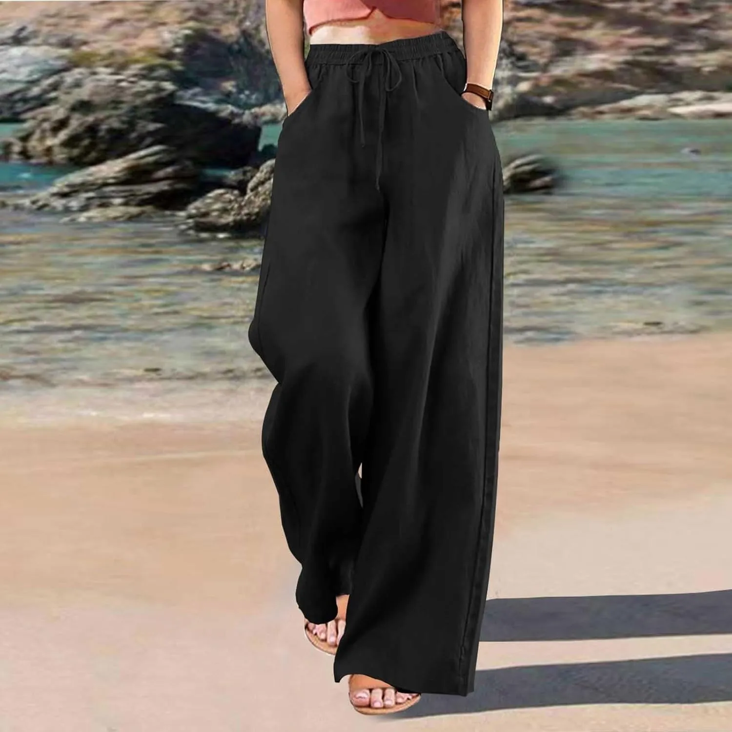 GOFULY Womens Lounge Pants 2025 Elastic Waist Drawstring Sumemr High Waisted Pants Straight Wide Leg with Pockets Trousers