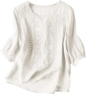 GOKKILRW Womens Floral Embroidered Tops Cotton Linen Shirts Boho Ethnic Style Peasant Blouses 3/4 Sleeve V Neck Gauze Tshirts