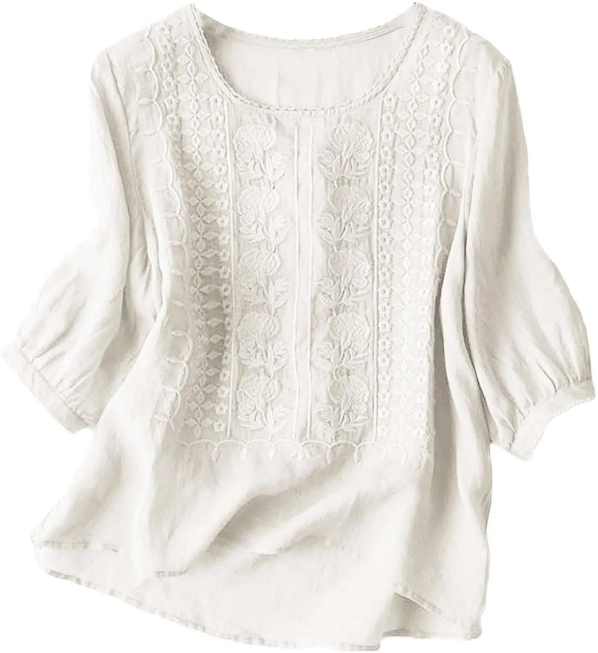 GOKKILRW Womens Floral Embroidered Tops Cotton Linen Shirts Boho Ethnic Style Peasant Blouses 3/4 Sleeve V Neck Gauze Tshirts