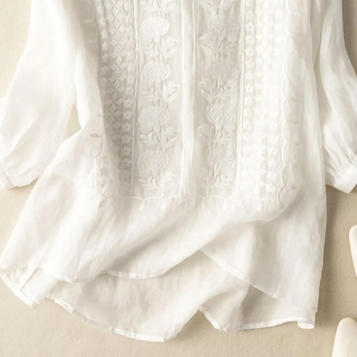 GOKKILRW Womens Floral Embroidered Tops Cotton Linen Shirts Boho Ethnic Style Peasant Blouses 3/4 Sleeve V Neck Gauze Tshirts