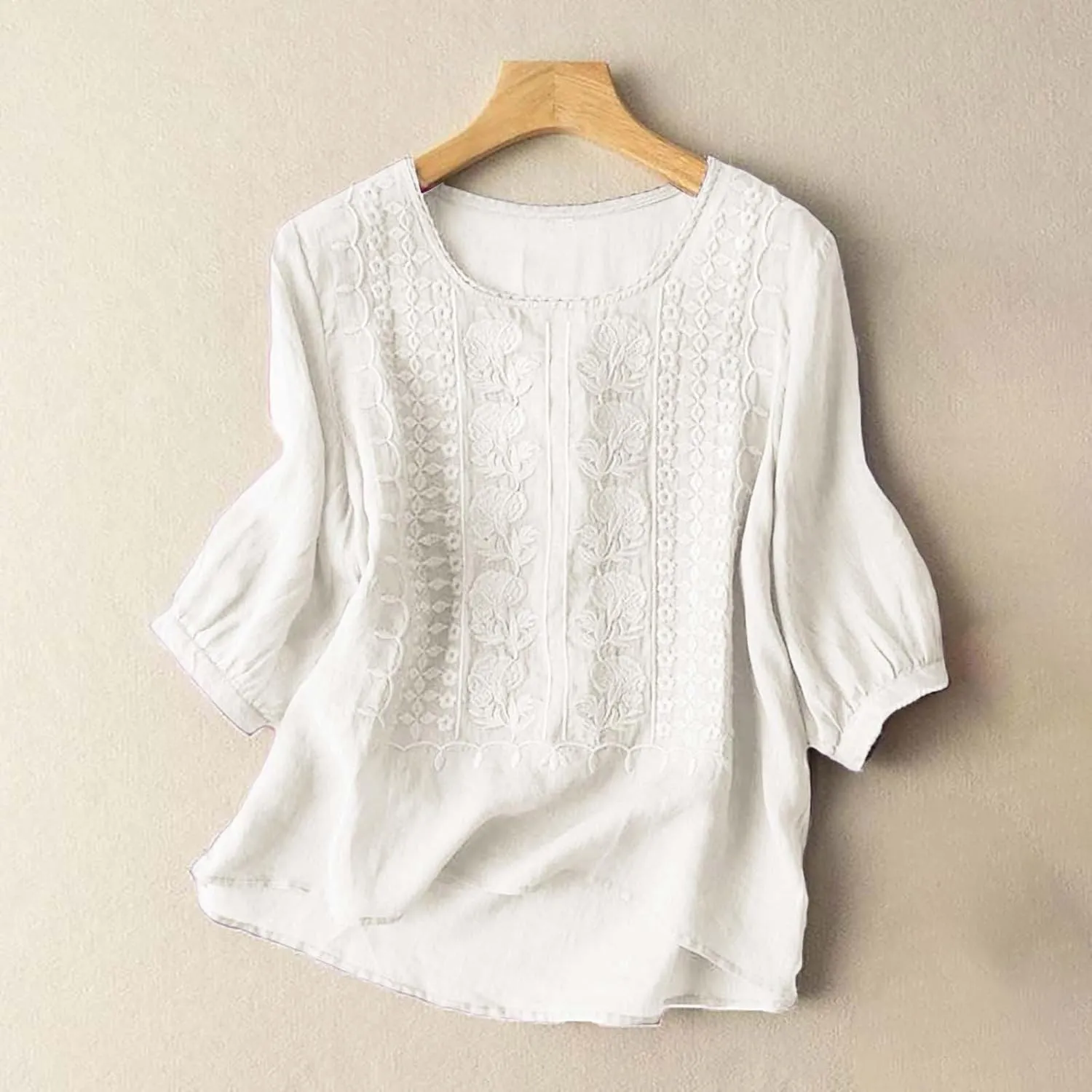 GOKKILRW Womens Floral Embroidered Tops Cotton Linen Shirts Boho Ethnic Style Peasant Blouses 3/4 Sleeve V Neck Gauze Tshirts
