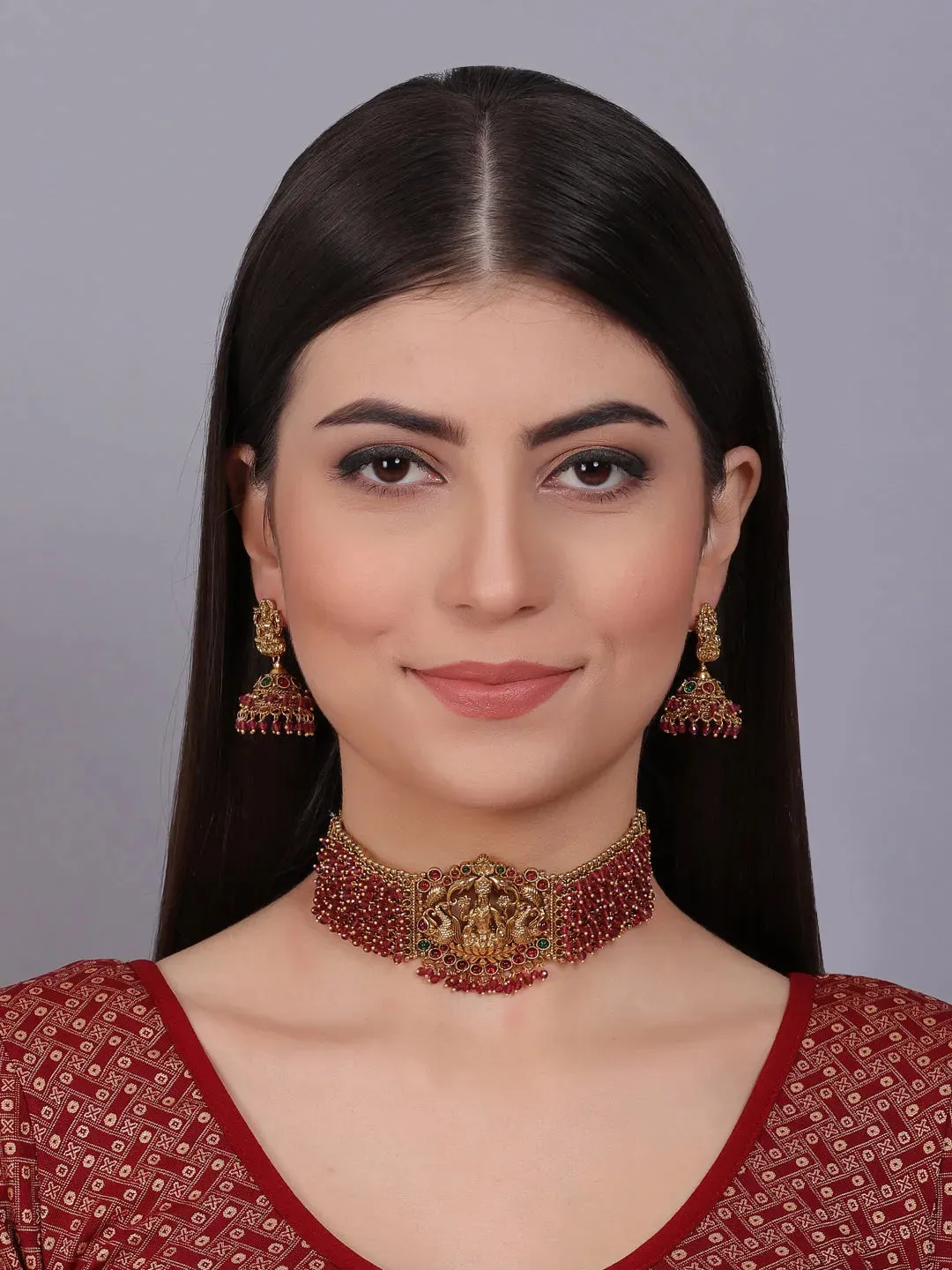 Gold Plated Laxmi Red Hydra Beads Choker Set