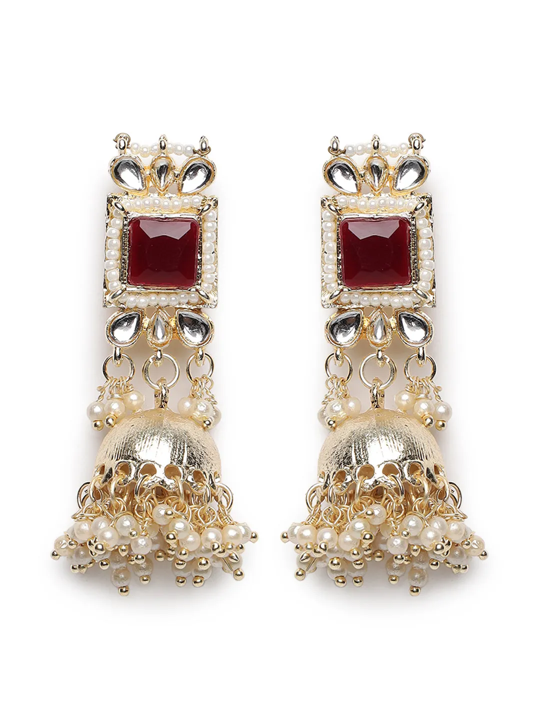 Gold-Plated Maroon & White Kundan Studded Handcrafted Jewellery Set