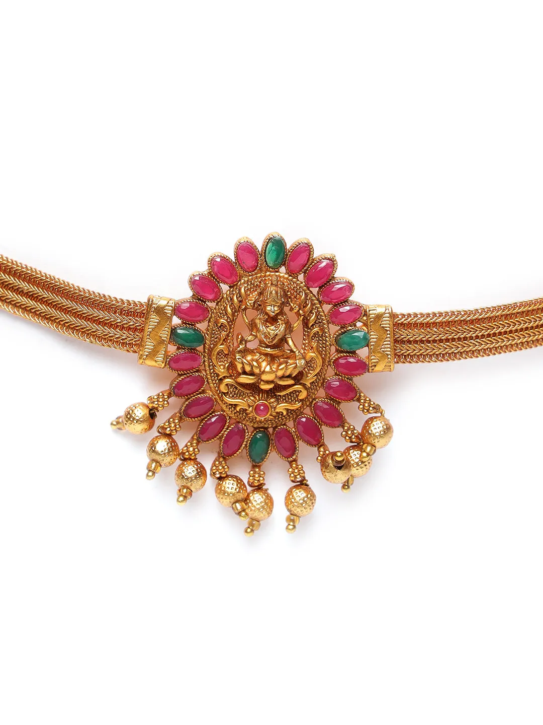 Gold-Plated Pink & Green Stone-Studded & Beaded Handcrafted Jewellery Set