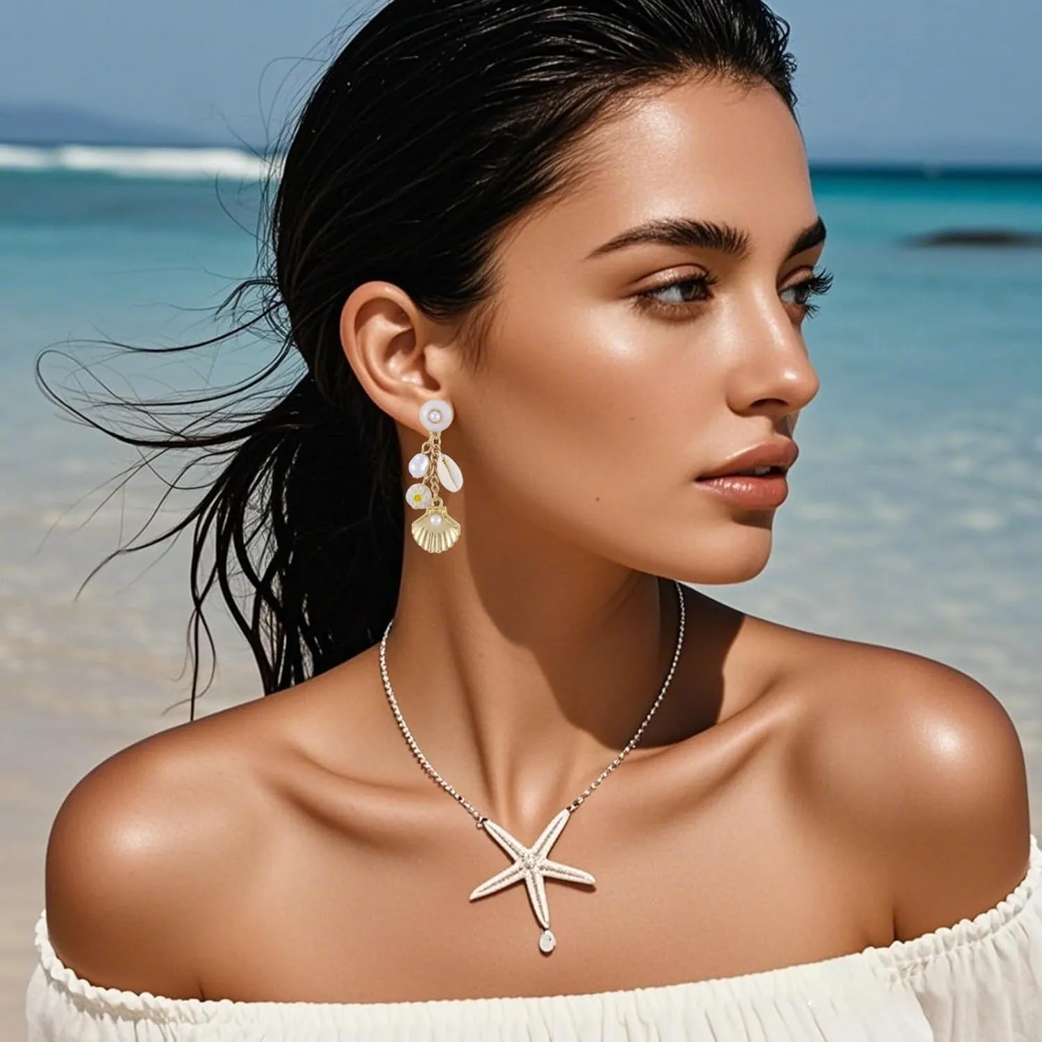 Gold Starfish Earrings for Women Starfish Shell Dangle Earring Bohemian Ocean Beach Stud Earrings Summer Surf Earring Summer Ocean Beach Jewelry