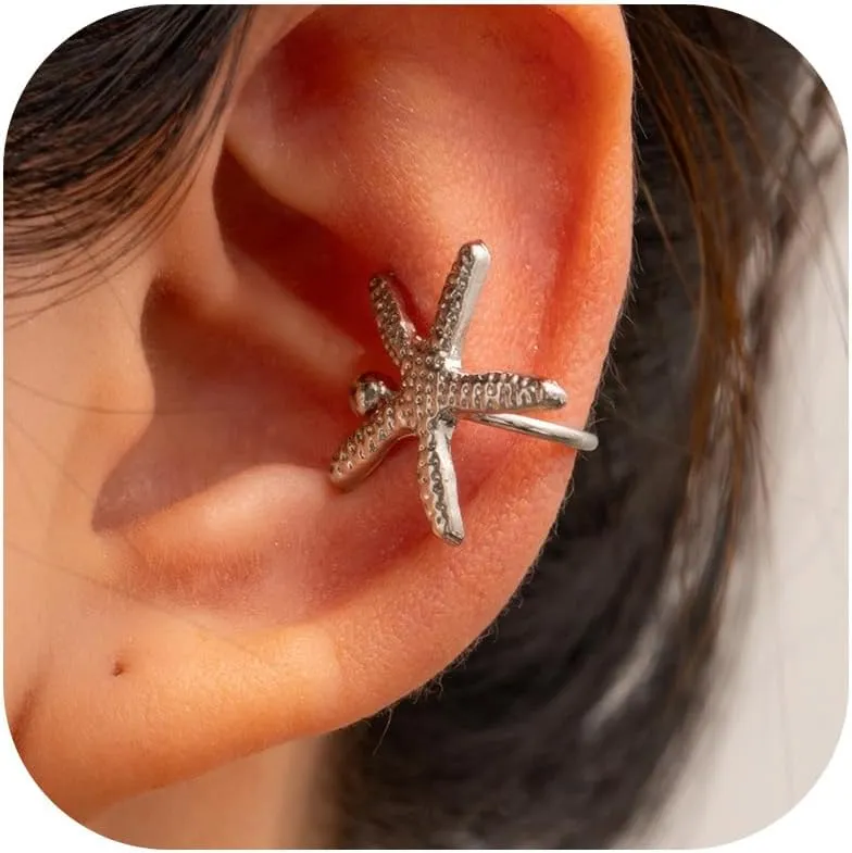 Gold Starfish Shell Ear Clip Cuff Earrings for Women Ocean Beach Summer Jewelry