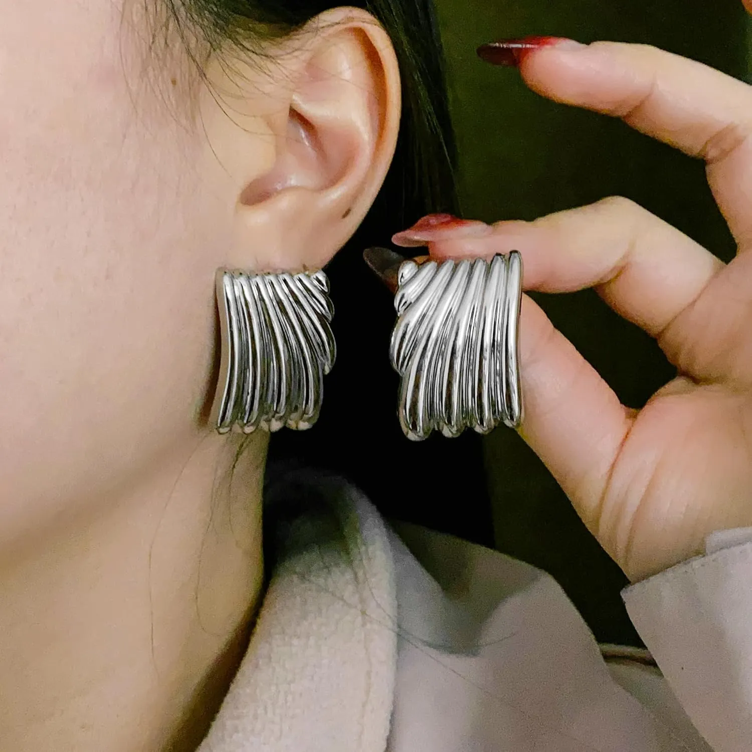 Gold Statement Earrings for Women Trendy Chunky Gold Square Earrings Textured Stud Earrings for Women Lightweight Big Shell Wings Drop Earrings for Her
